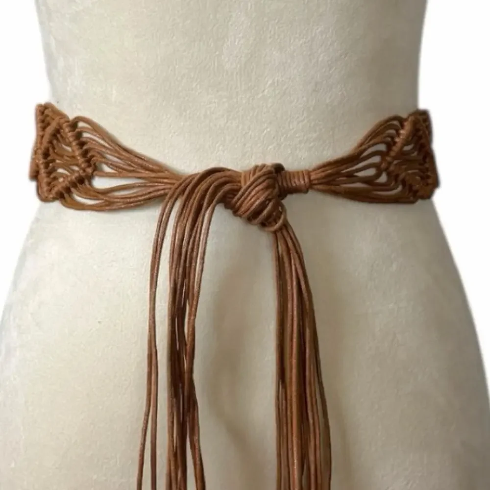 Boho Western Brown Cognac Braided Macramé Fringe Belt Women’s Size Small Medium - Picture 7 of 8